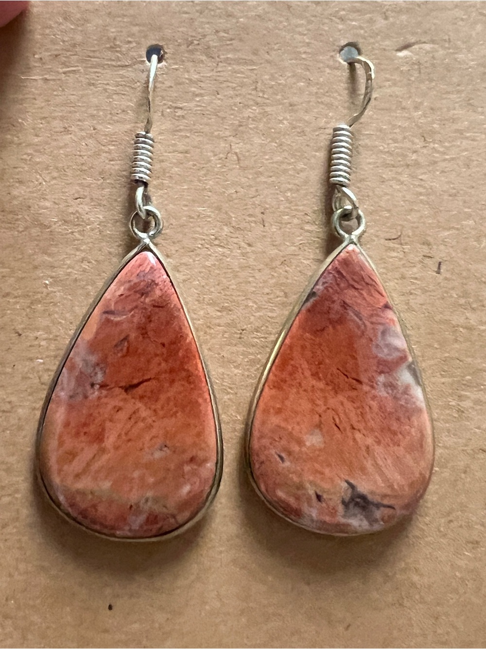 Natural pink Jasper Teardrop Dangle Earrings. Sterling silver